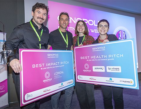 Synanthra et Papilio.bio, lauréates du concours de pitchs dans les catégories Impact Environnement et Santé lors de Genopole Partnering Week 2025