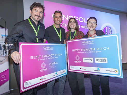 Synanthra et Papilio.bio, lauréates du concours de pitchs dans les catégories Impact Environnement et Santé lors de Genopole Partnering Week 2025